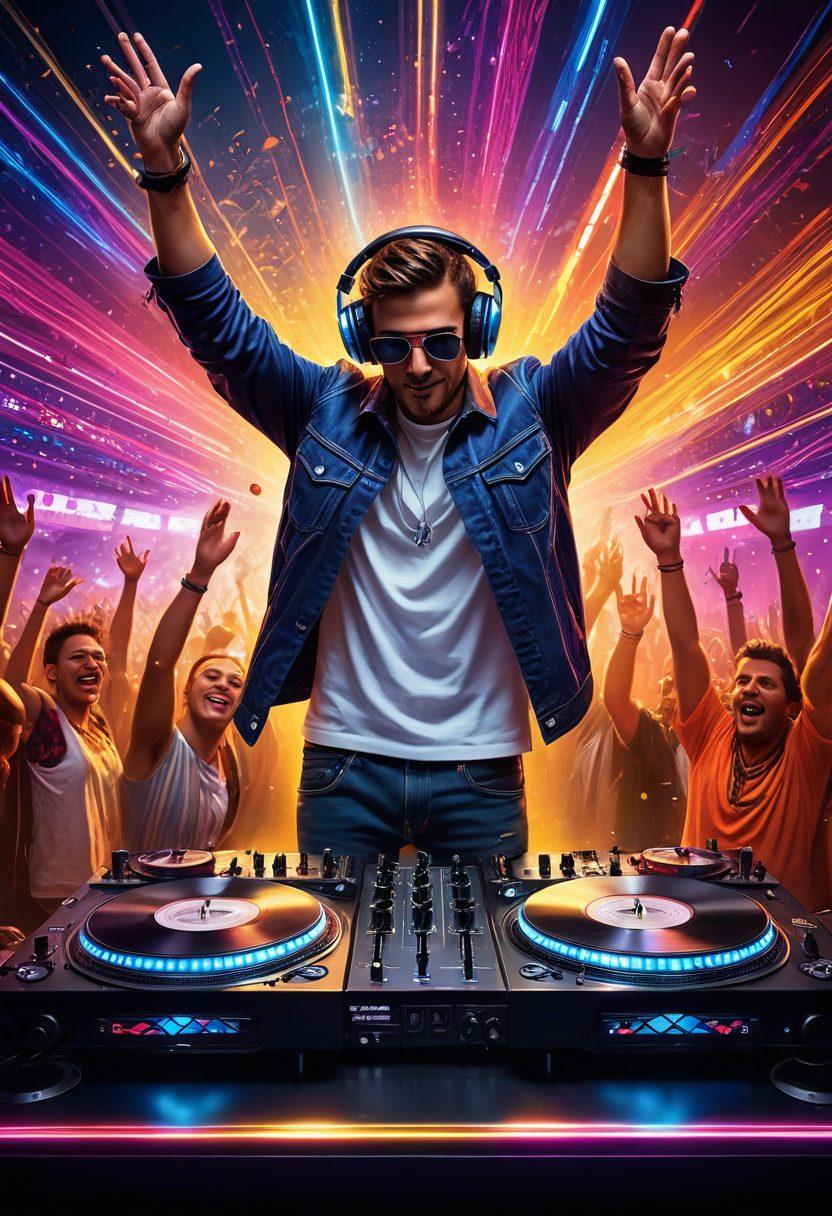 A dynamic DJ mixing on turntables, surrounded by colorful sound waves reflecting the energy of a vibrant festival scene. Include visuals of cheering crowds, flashing lights, and musical notes swirling in the air. The background showcases a lively festival atmosphere with a stage and artists performing. Incorporate a sense of motion and rhythm to evoke the pulse of DJ culture. super-realistic. vibrant colors. festival ambiance.