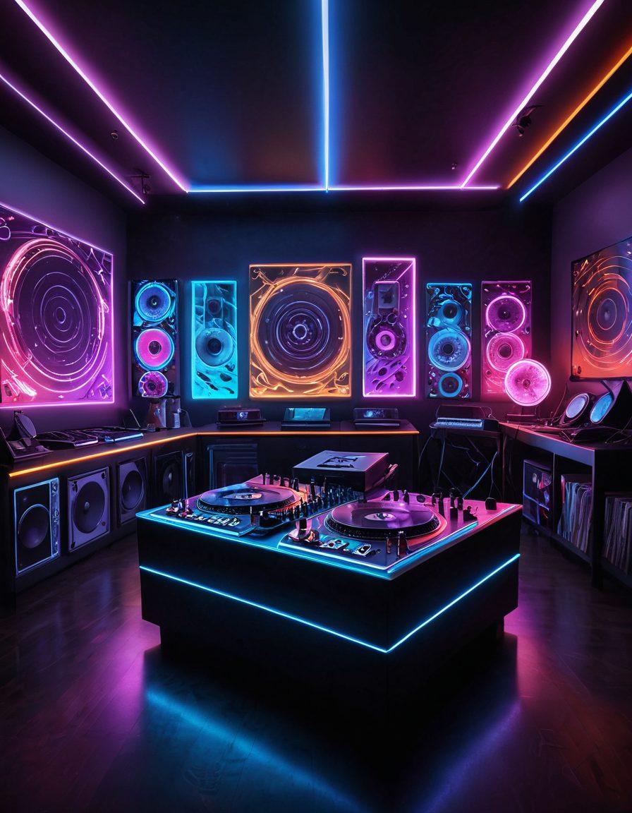 A vibrant dance music studio filled with colorful soundwave visualizations, vinyl records, and electronic instruments. A DJ passionately mixing tracks behind a glowing turntable while silhouettes of dancers animatedly enjoy the rhythm. Bright lights and neon glows create an energetic atmosphere, conveying the essence of innovative sound creation. Abstract musical notes floating in the air to symbolize creativity. super-realistic. vibrant colors. 3D.