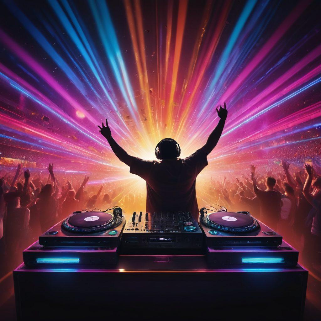 A dynamic DJ booth set against a pulsating crowd, featuring a DJ intensely mixing on two turntables with colorful vinyl records flying through the air. Bright lights beam in vibrant hues, illuminating the scene with energy. Add visual sound waves radiating from the speakers, symbolizing infectious beats and rhythm. Capture the excitement and passion of a live music event. super-realistic. vibrant colors. 3D.